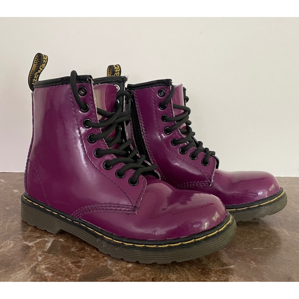 Dr. Martens‎ Kids Delaney Purple Patent Leather Lace Up Side Zip Boots Combat 11